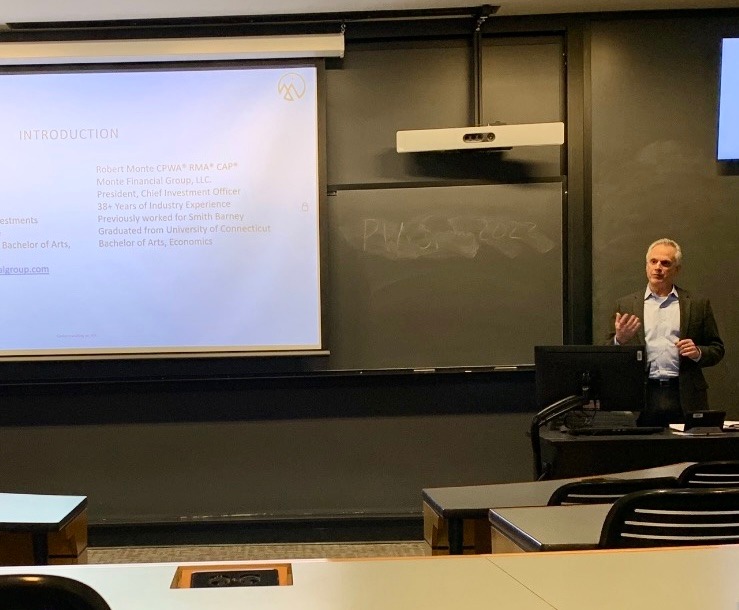 Bob Monte, CPWA®, RMA®, CAP® spoke to the UConn Finance Society about the business structure and opportunities of a Registered Investment Advisor (RIA). Thank you to the President of the organization, Katelyn Desautels, for providing us the opportunity to speak to a group of young aspiring business professionals at University of Connecticut School of Business.